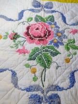 Vintage 97 Handmade Cross-stitch Floral Bed Pillowcase 27x21 Yellow Ruffle Thick - £15.45 GBP