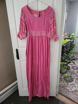 Vtg Pink Batik Dress Long Indian Imports Boho Size L Maxi 1960s Puff Sleeve MOP - £46.07 GBP