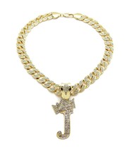 Crowned Initial Letter J Crystals Pendant Gold-Tone Cuban Linked Chain N... - £35.30 GBP