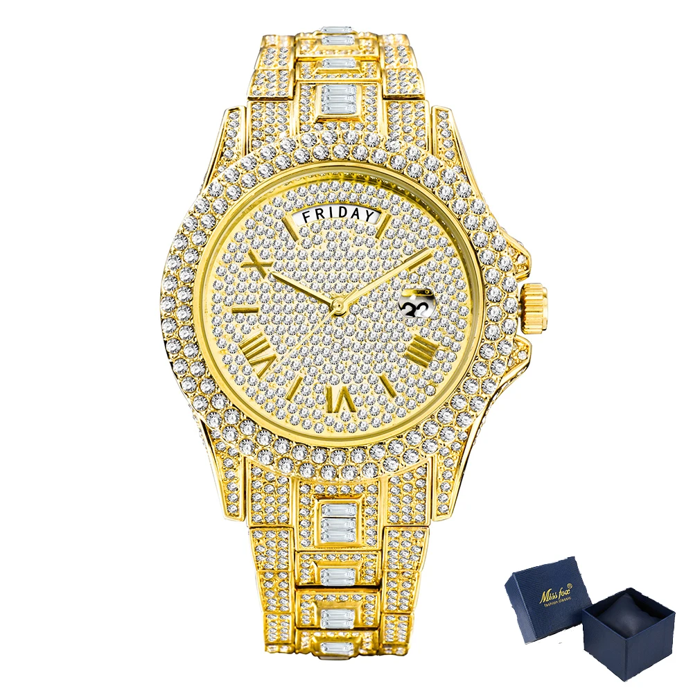 Al calendar quartz men s watch diamond silver watch for men waterproof luxury gold iced thumb200