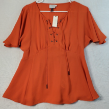 HD In Paris Blouse Top Womens Size 2 Orange Short Sleeve Round Neck Drawstring - £25.02 GBP