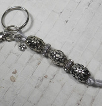 Metal Flower Barrel Bead Beaded Handmade Split Ring Keychain Hook Silver... - £15.56 GBP