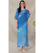 Indian Printed Blue Feather Silk Women Nightwear Maxi Kaftan Dress - $29.70