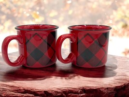 2 Bay Island Red and Black Argyle Check Plaid Oversize Mug Hot Chocolate... - $29.70