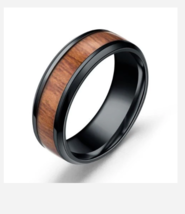 Black Rim Woodgrain Titanium Stainless Steel Ring Size 6 7 8 9 10 12 13 14 - £32.12 GBP
