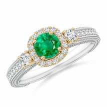 ANGARA Vintage Inspired Round Emerald Halo Ring with Filigree in 14K Gold - £1,819.78 GBP