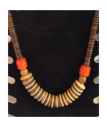Vintage 24&quot; Chunky Wooden Round Disc Bead Necklace Brown Orange Tan Mult... - $24.37 CAD
