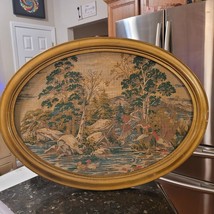 Vintage American Country Scene Fabric Barkcloth Wooden Frame Oval PLEASE READ - $49.95