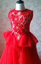 Pageant Red Lace Tutu High Waist Flower Girl Dress 2-Way Girl Birthday Dress NWT image 2