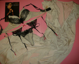 Victoria&#39;s Secret 34DD BRA SET+thong+garter+ROBE gown WHITE Black lace Polka Dot - £149.90 GBP
