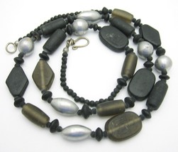Glass Vintage Necklace Black And Smokey Gray Beads Silvertone Metal Heavy - £15.74 GBP