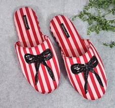 Victorias Secret Slippers Silky Satin Red Pink Striped Womens Large Sequins Bow - $24.99