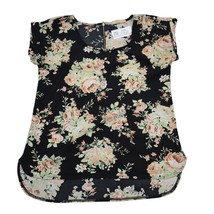 Pink Republic Shirt Womens M Black Floral Short Sleeve Scoop Neck Back Zip Top - £14.73 GBP