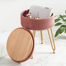 Upholstered Pleated Round Footrest Vanity Stool With Metal Legs, Velvet Storage - £41.37 GBP