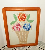 Vintage Wood Framed Crochet Art Flower Basket~Mint Work~Colorful On Aida Cloth - £19.43 GBP