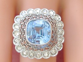 Antique Art Deco .77ctw Diamond 3.5ct Syn Aquamarine Filigree Cocktail Ring 1930 - £1,472.30 GBP