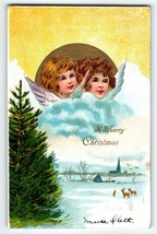 Christmas Postcard Angels Cherubs Wings Gold Sun Green Tree Clouds Vinta... - $13.50