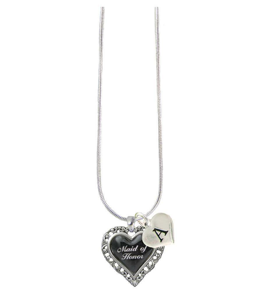 Custom Black Heart Maid of Honor Silver Necklace Jewelry Choose Initial All 26 - $14.24