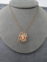Antique Camphor Glass Pendant Cameo Accent Necklace Ornate Frame 15&quot; Lon... - $39.00