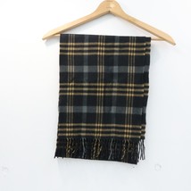 VTG Cashmere Feel Acrylic Plaid Scarf Muffler Fringe 12×72&quot; Black Tan Gray - £11.22 GBP