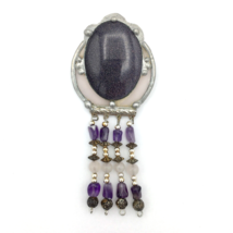 ARTISAN signed purple goldstone brooch - amethyst &amp; quartz bead stained glass 4&quot; - £17.19 GBP