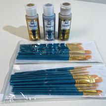 BUNDLE - 3 FolkArt Acrylic Metallic Gold &amp; Silver Paint w/ 20 Bosobo Bru... - $22.94