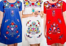 SHORT Womens S-XL Mexican Folklorico Tehuacan Puebla Floral Boho Dress Tunic NEW - £30.79 GBP+