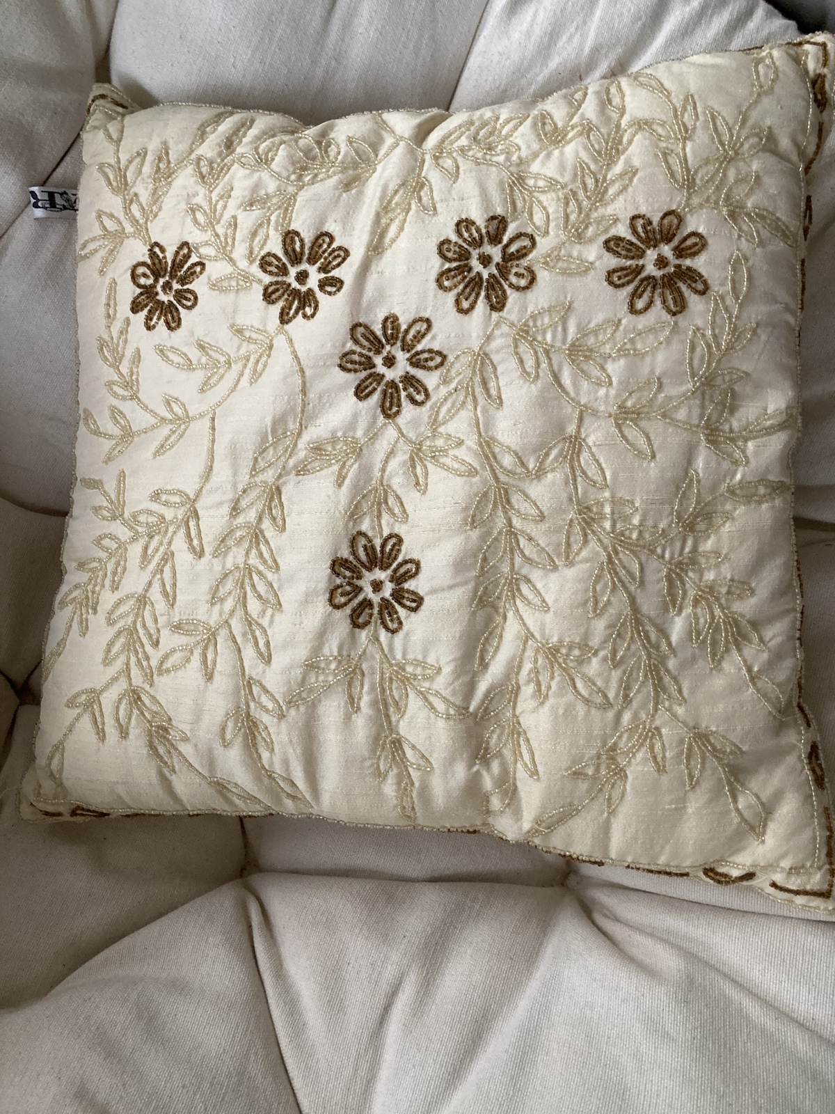 Beaded Floral Design Beige  Pillow Approximately 17” - $36.99