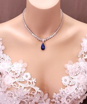 12.10CT Pear Cut Simulated Sapphire &amp; Diamond Necklace 925 Silver Gold Plated - £261.14 GBP