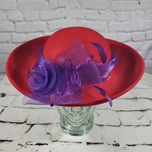 Red Hat Society Handmade 100% Wool Derby Style Hat Purple Ribbon - £22.20 GBP