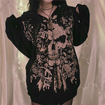 Cyber Y2k Hoodie Women&#39;s Gothic Punk Skull Print Long Sleeved Top Garbage Hoodie - £14.73 GBP+