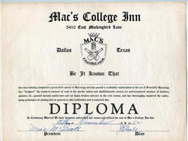 Guzzling Diploma from Mac&#39;s College Inn Dallas Texas 1952 - $39.70