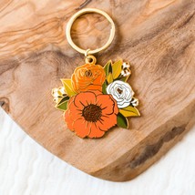 Coral White Mustard Yellow Floral Flower Cottage Bouquet Enamel Metal Keychain - £11.85 GBP