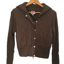SAY WHAT? Quilted Cropped Jacket Large Y2K Shawl Collar Knit Brown Ribbed Fitted - £29.56 GBP