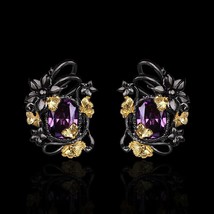 Retro Light 925 Silver Women&#39;s Earrings Amethyst Earrings Female Flower Temperam - £10.50 GBP