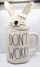 Rae Dunn Magenta Coffee Cup Mug With Cover Don&#39;t Worry Be Hoppy Bunny Rabbit Nwt - £17.58 GBP