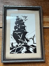 Vintage Black &amp; White Sailing Ships Print in Silver Painted Wood Frame U... - £8.88 GBP