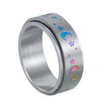 Rainbow Moon Stars Spinner Ring Stainless Steel Celestial Stress Reliever Band - £12.57 GBP