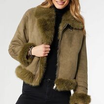 Dion Faux Fur Moto Jacket Olive L/XL - $54.45