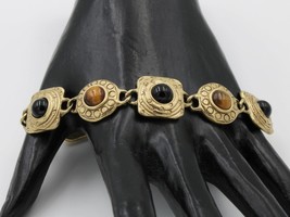 Vintage Signed Faux Black Onyx Tigers Eye Cabochon Bracelet Toggle Clasp - £15.63 GBP