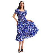 Kate Middleton Inspired Floral Blue Square Neck Shirred Waist Fit-&amp;-Flar... - $2,201.11 MXN