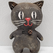 Vintage Fabric Cloth Black Cat Plush Figure Decor Halloween 6&quot; Pin Bell - £43.27 GBP