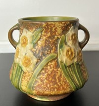 Roseville Pottery Jonquil Vase Double Handle Brown Yellow Green Floral 1... - $120.89