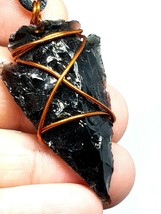 Arrow Head Obsidian Copper Wired Pendant Dragon Glass Reiki Cord Necklace - £6.71 GBP