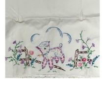Lamb Floral Hand Embroidered Cottage Granny Core Sheep Pillowcase 20X27 Vintage - £22.48 GBP