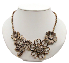 Premier Designs Flower Floral Necklace Statement Rhinestone Antique Gold Tone - £10.04 GBP
