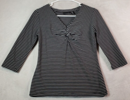 Tahari Shirt Top Women XS Black White Striped Knit Cotton 3/4 Sleeve V Neck Knot - £13.50 GBP