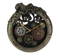 Steampunk Bronze Finish Octopus Porthole Wall Clock With Moving Gears - $178.19