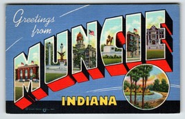 Greetings From Muncie Indiana Large Big Letter Postcard Linen Curt Teich... - £14.05 GBP