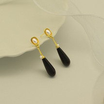 Gold plated black waterdrop  stud earrings with pearls| art deco earrings| state - £14.58 GBP